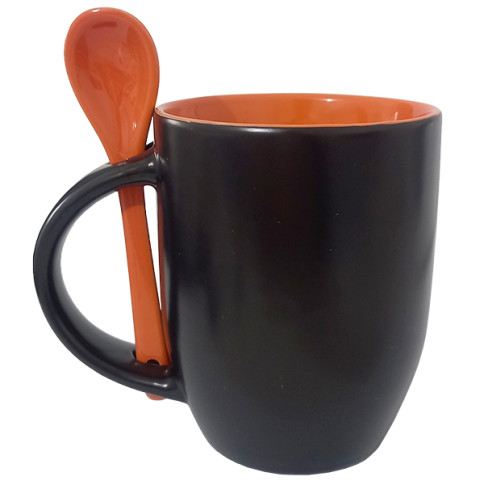 Caneca Cer. 325ml Semi-Brilho Preta Magica C/ Colher Interna Laranja P/ Sublimaç